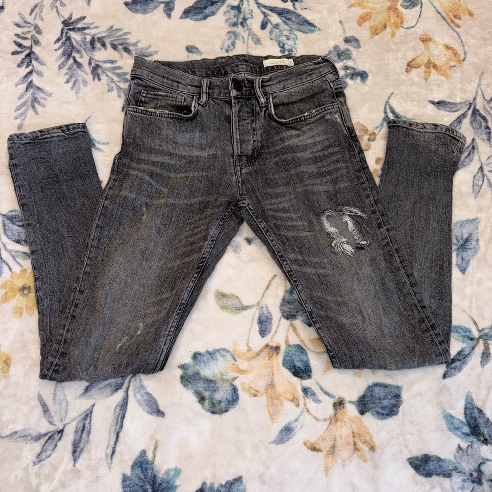 AllSaints Cotton Gray Washed Button Fly Cigarette Jeans 28